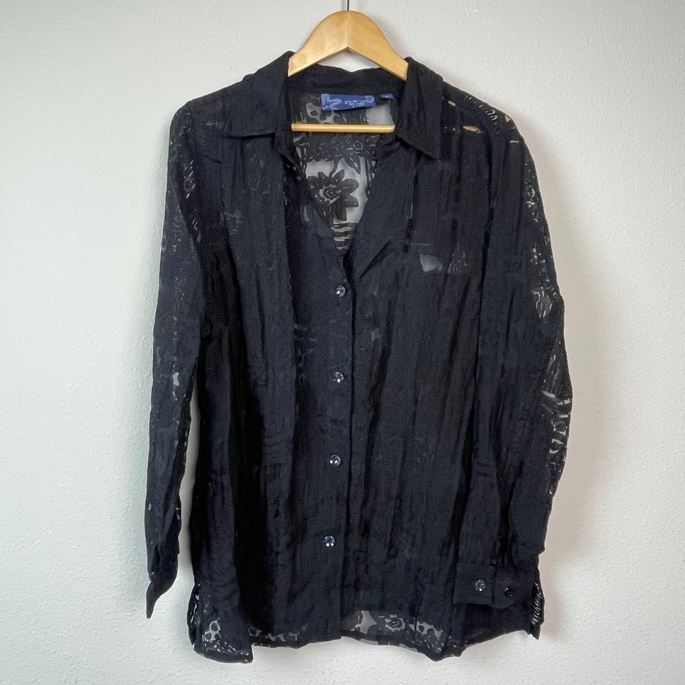 Susan Graver Style Black Sheer Floral Burnout Button Down‎ Shirt Plus Size 1X